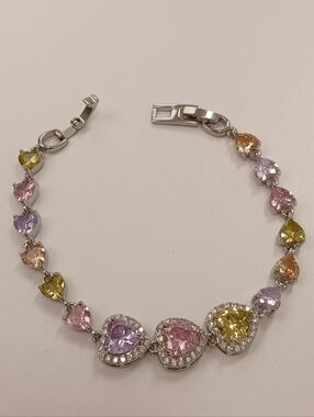 White Gold Filled Heart Halo Bracelet W Pink, Lavender and Yellow Candy Stone 7"
